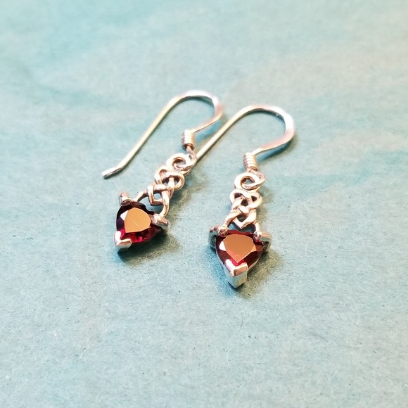 Homemade Jewelry - .925 Silver Celtic Knotwork Heart Garnet Earrings